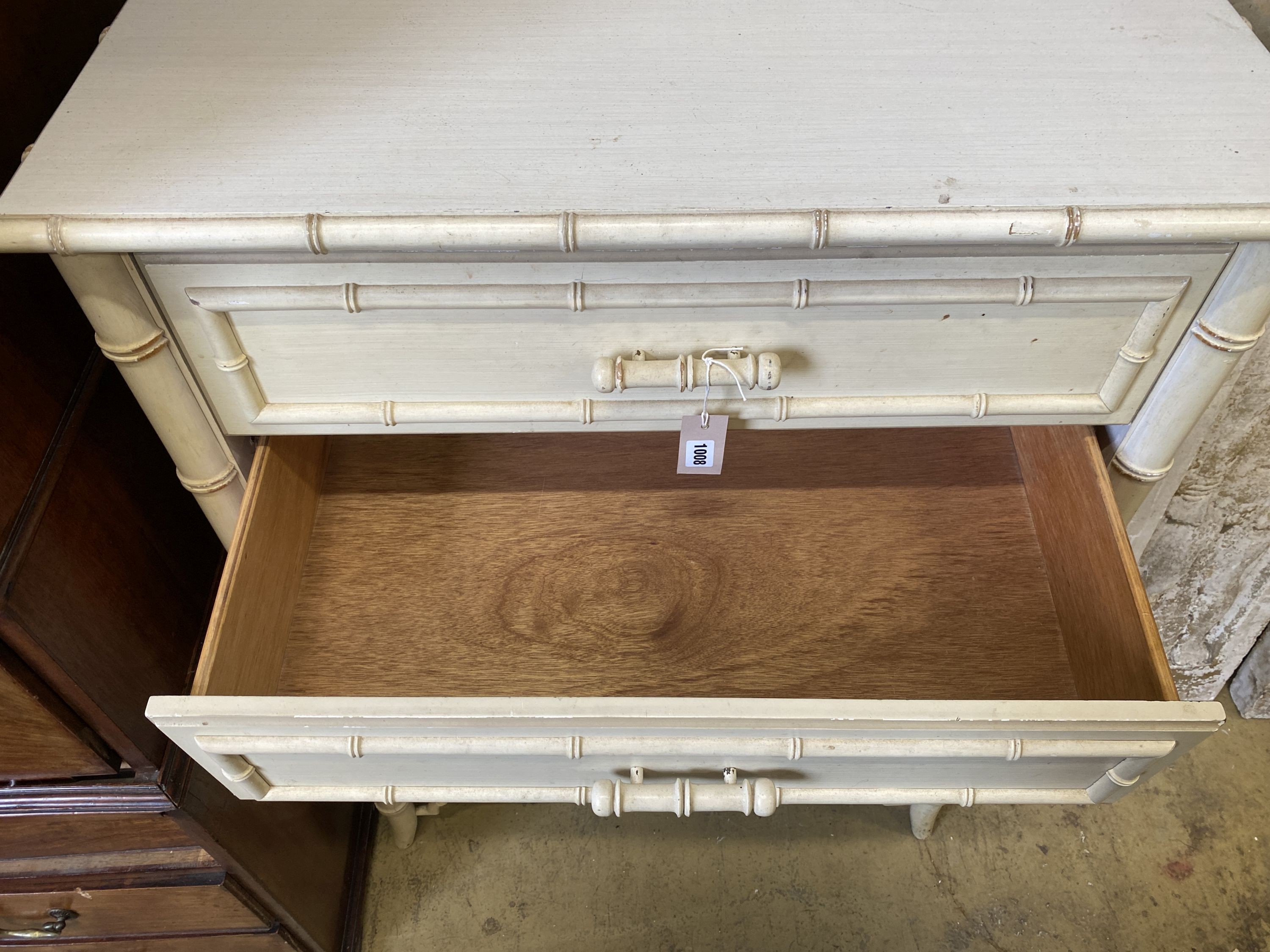 A cream painted faux bamboo chest of five drawers, width 86cm, depth 49cm, height 120cm